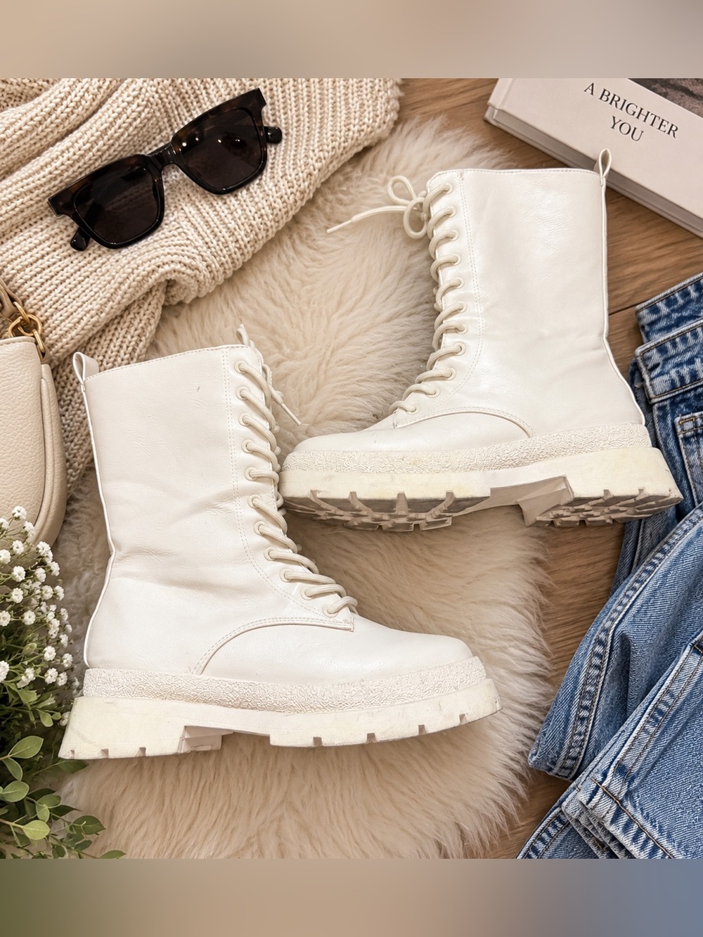 Qupid Cream Faux Leather Lace-Up Platform Combat Boots Chunky Lug Sole